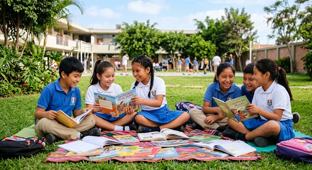 Estudiantes escolares compartiendo libros al aire libre